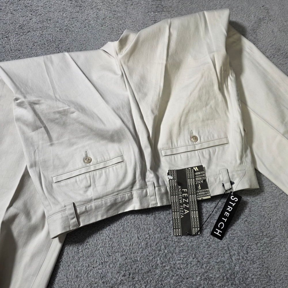 Andrew Fezza Mens 36x32 Dress Pants Cream Stretch Cotton Flat Front Trousers - Picture 8 of 9
